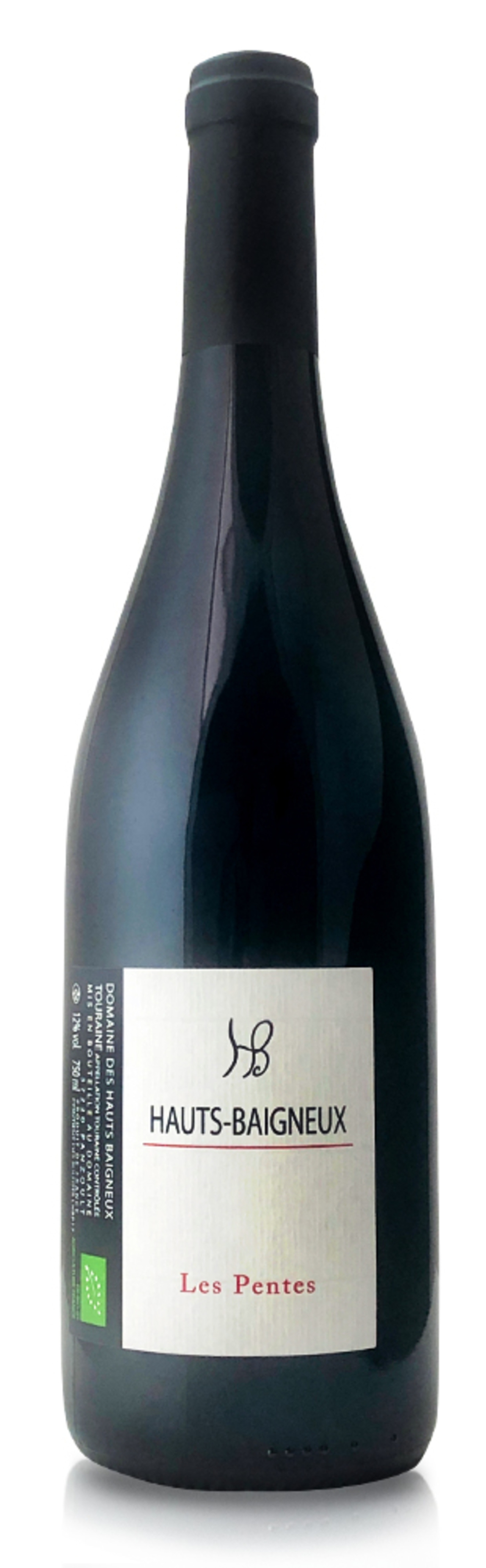 Weinflasche mit Etikett 'HAUTS-BAIGNEUX Les Pentes' und 12% vol.