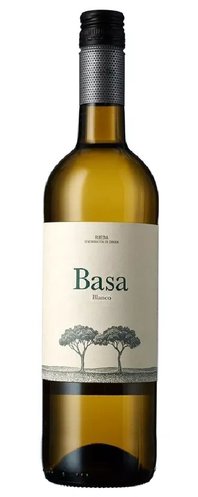 Weinflasche mit Etikett 'Basa Blanco' und zwei Bäumen, Rueda.