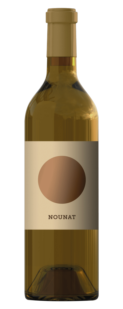 Wein-Flasche mit Etikett und braunem Kreis, Aufschrift NOUNAT