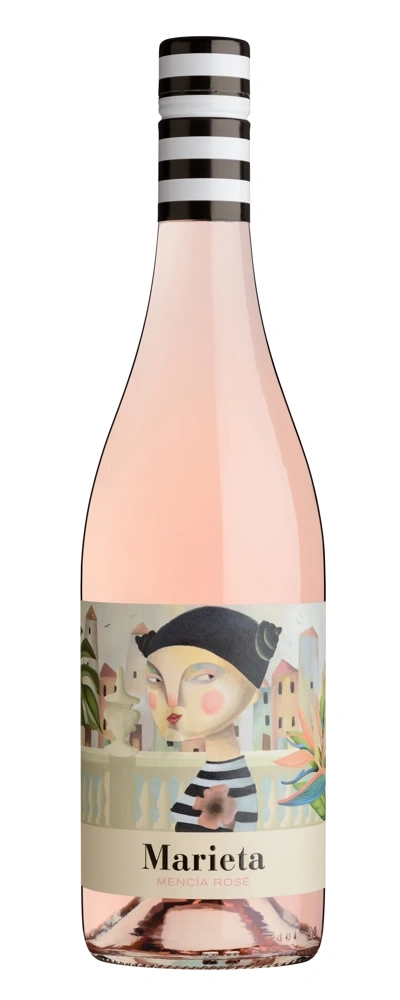 Eine Flasche Roséwein mit einem Etikett, das eine Frau und eine Stadt zeigt.