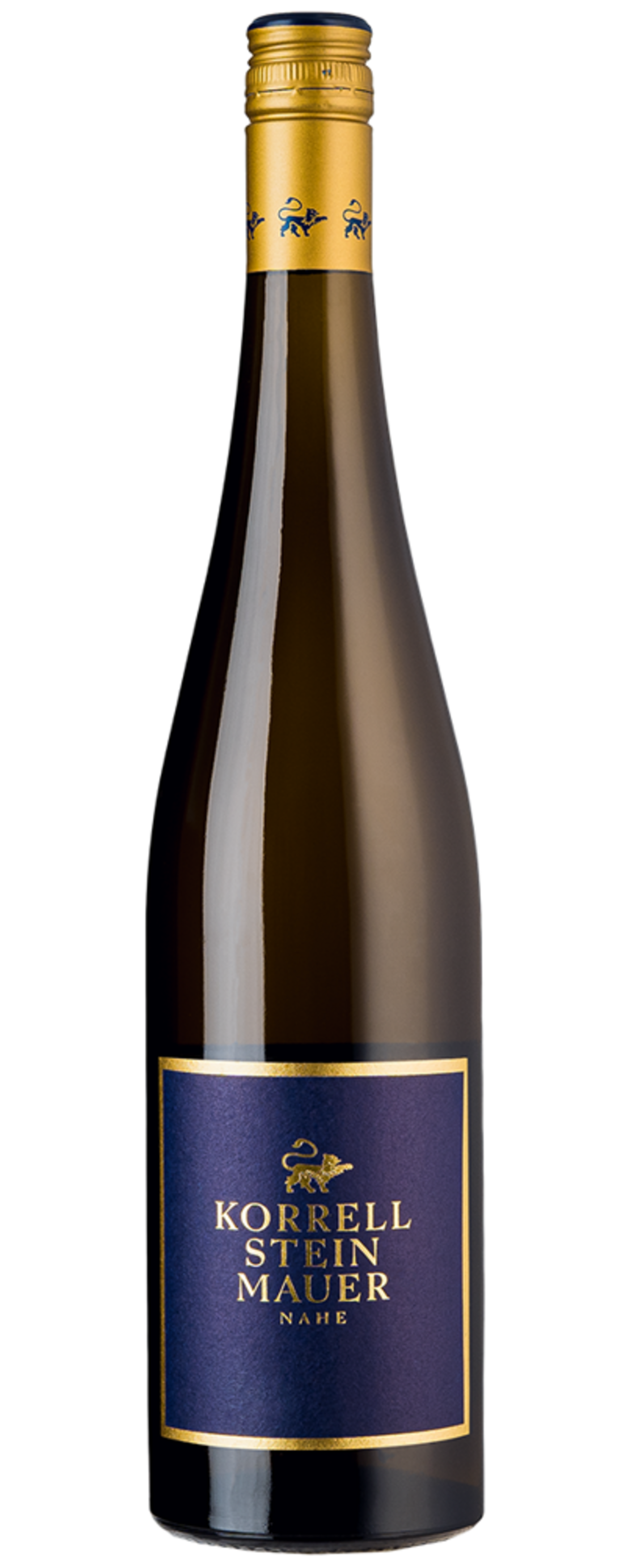 Weinflasche mit goldenem Verschluss und blauem Etikett mit Schriftzug 'KORRELL STEIN MAUER'