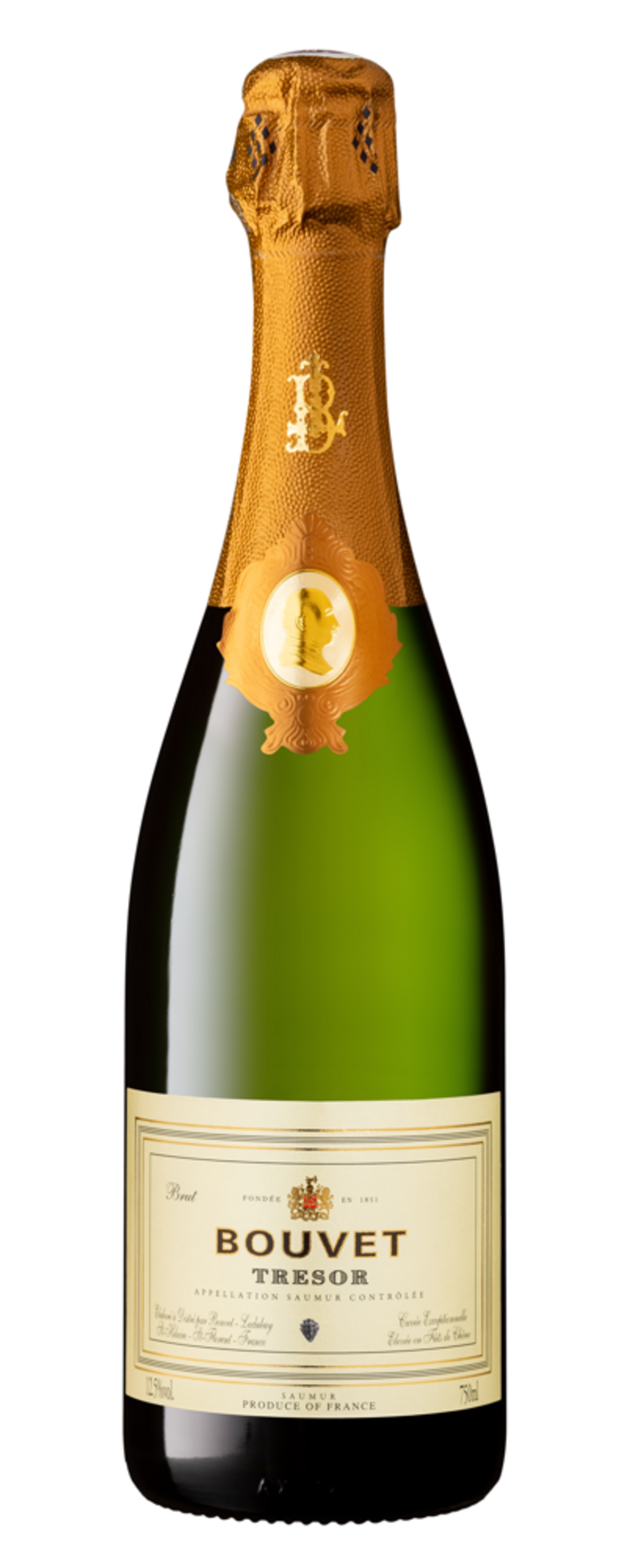 Eine Flasche Bouvet Tresor Sekt, grün und goldfarben, mit Etikett und Siegel.