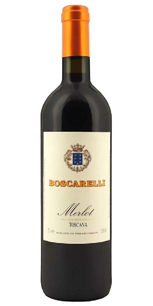 Rotwein Flasche mit Etikett des Weinguts Boscarelli Merlot Toscana.