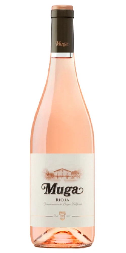 Eine Flasche Roséwein von Muga Rioja, auf weißem Hintergrund.