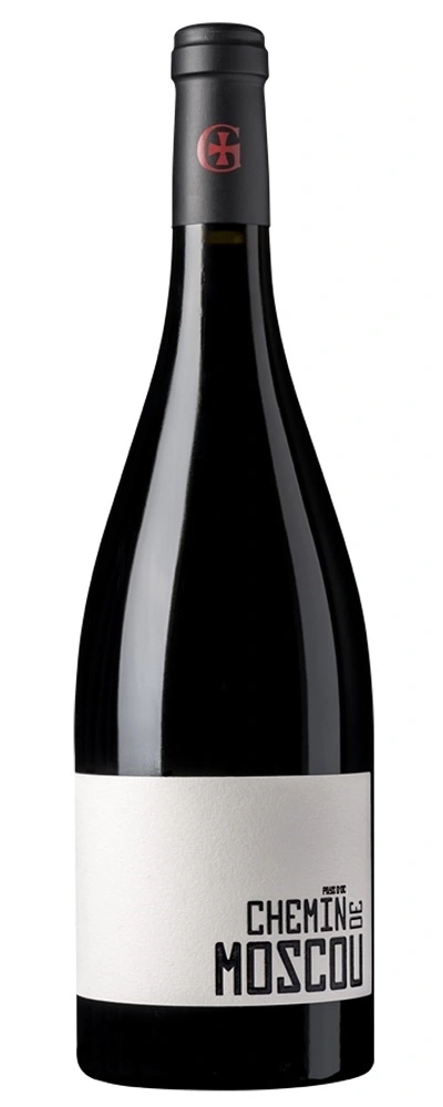 Wein-Flasche mit schwarzem Etikett und rotem Logo, Chemin de Moscou