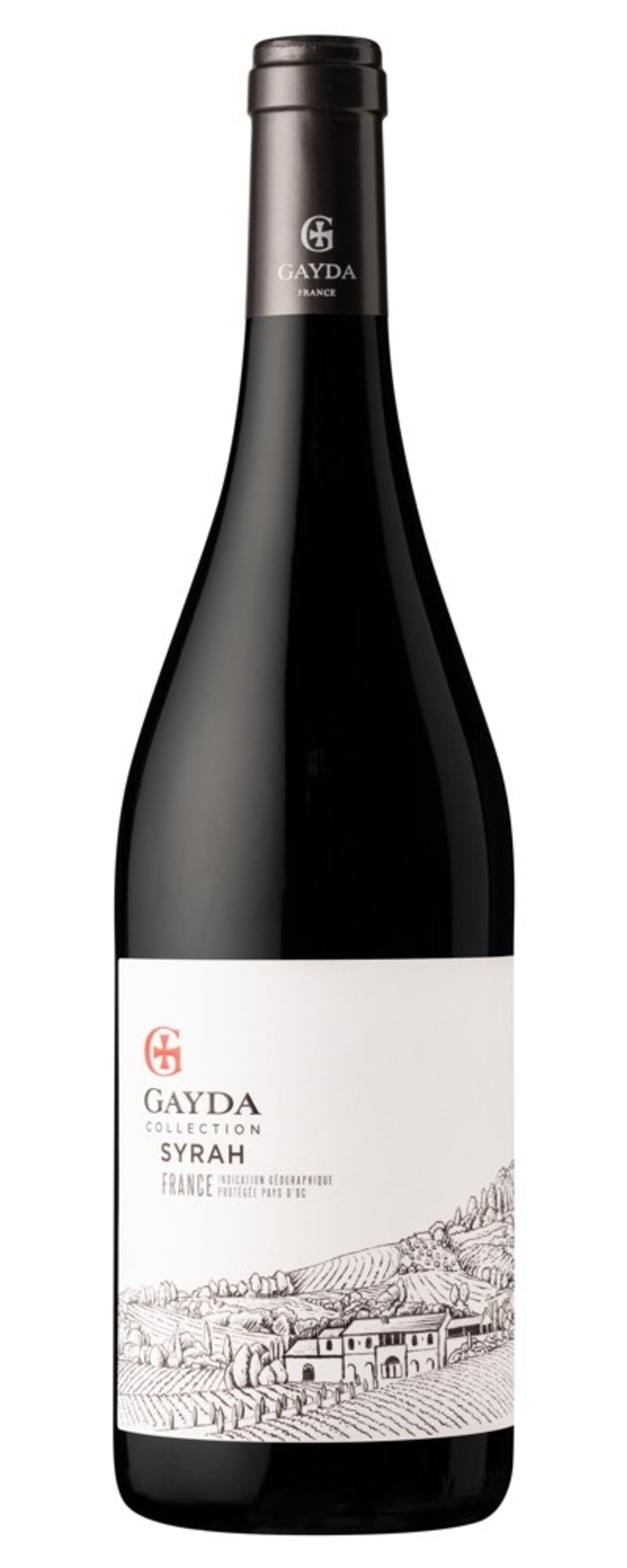 Gayda Collection Syrah Wein, Frankreich, Flasche, Etikett, Landschaft, Weinberge