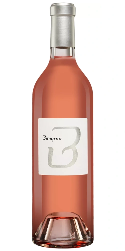 Flasche Roséwein mit weißem Etikett und silbernem Verschluss.