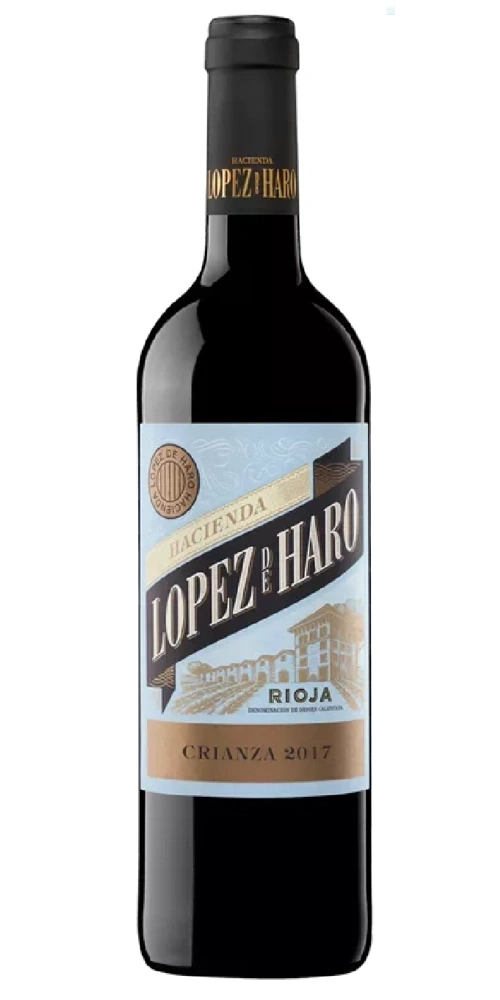 Rotweinflasche von Lopez de Haro, Rioja Crianza 2017, mit Etikett