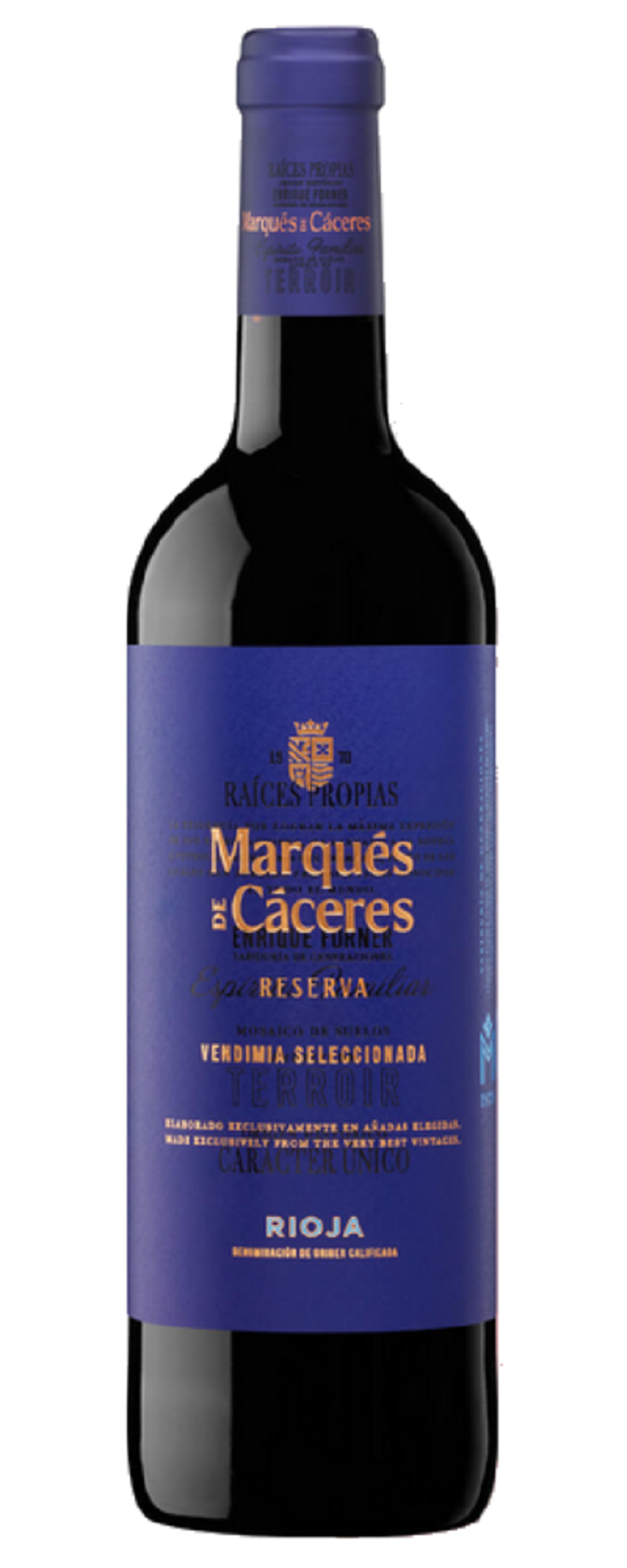 Weinmarke Marqués de Cáceres, Rioja, Reserva, Terroir, Vendimia Seleccionada, Flasche, blau