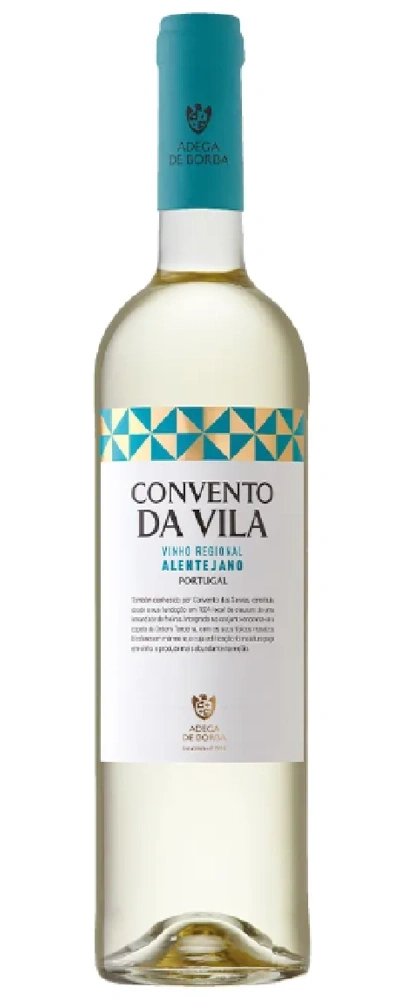Eine Flasche Weißwein von Adega de Borba mit dem Etikett Convento da Vila Alentejano.