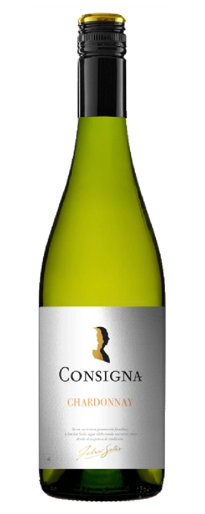 Eine Flasche Consigna Chardonnay Wein mit einem weißen Etikett und goldenen Akzenten.