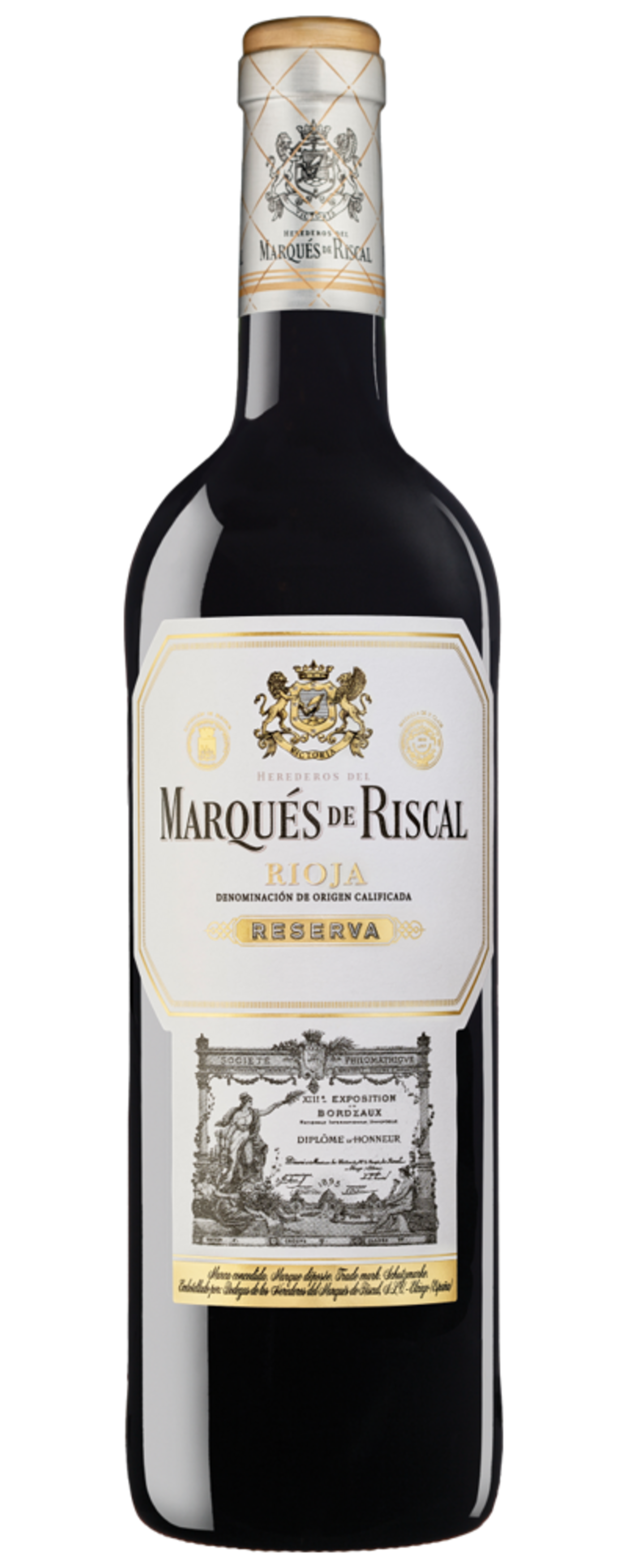 Weinmarke Marqués de Riscal, Rioja Reserva, Bordeaux, Diplom, Gold, Rotwein, Flasche, Etikett, Logo, Design