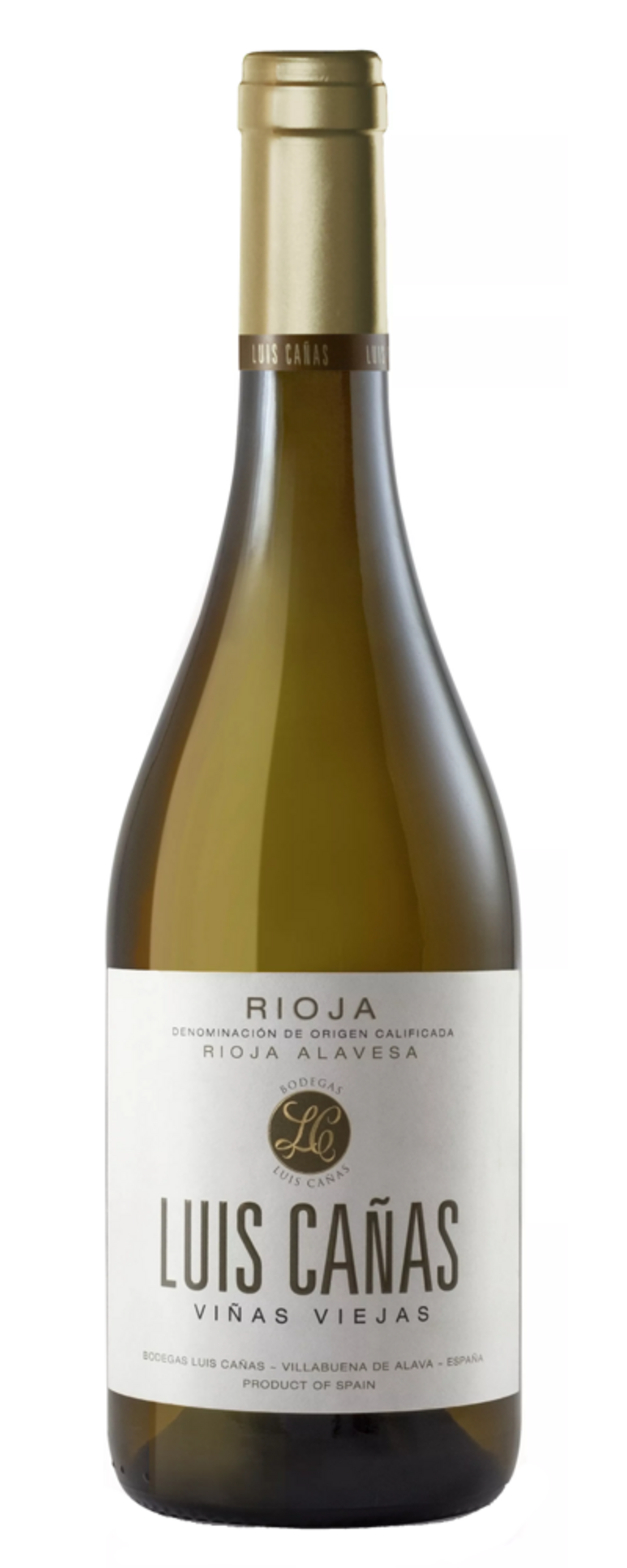 Weinflasche von Luis Cañas, Rioja, Viñas Viejas, Produkt aus Spanien, weißes Etikett