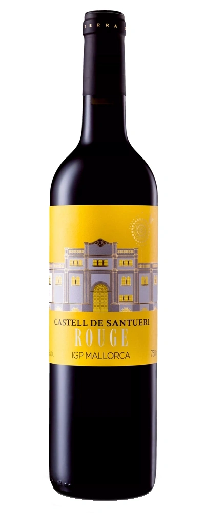 Eine Flasche Rotwein mit gelbem Etikett und einem Gebäudeaufdruck.