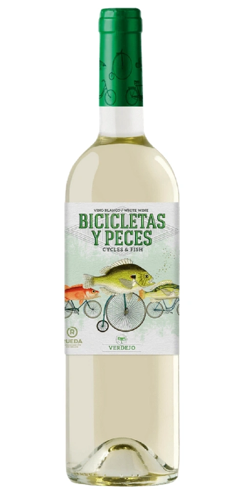 Eine weiße Weinflasche mit einem Etikett, das Fische auf Fahrrädern zeigt.