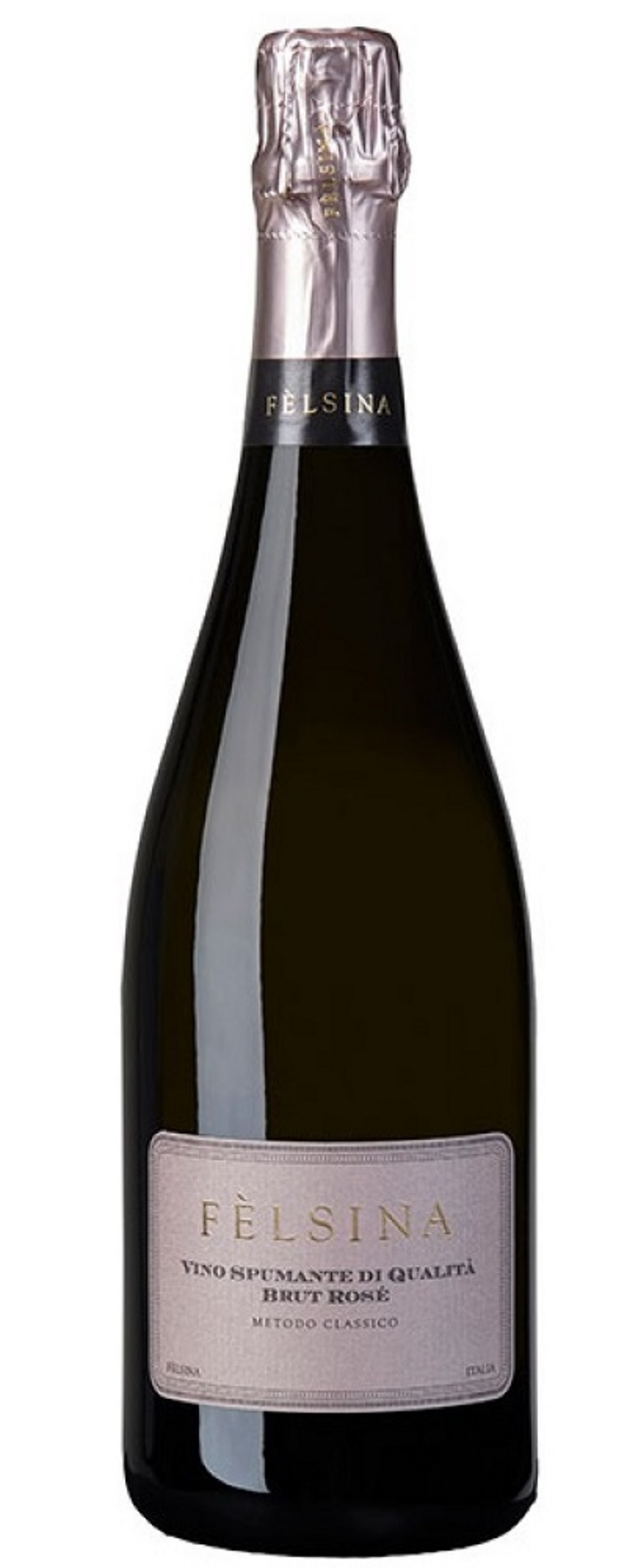 Felsina Brut Rosé Wein, eine Flasche mit Etikett und Verschlusskappe, isoliert.