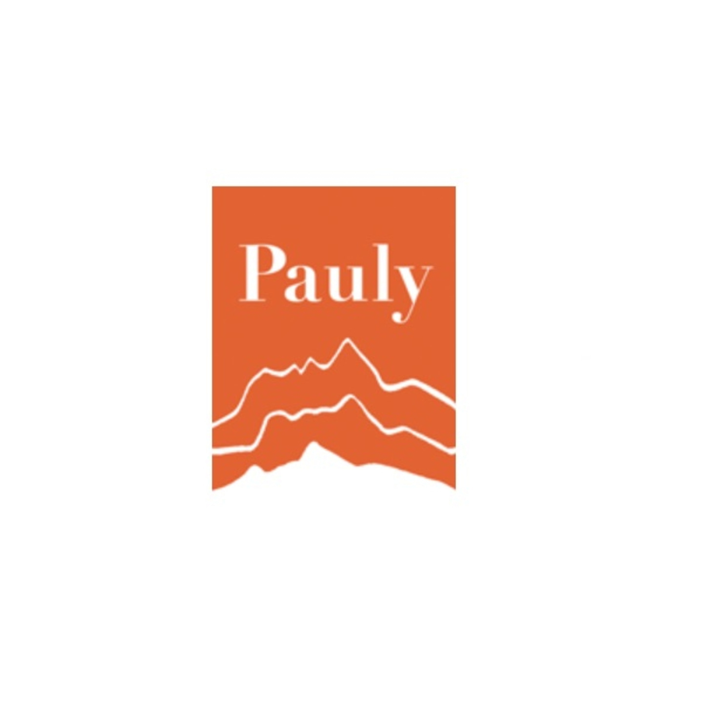 Logo mit dem Wort 'Pauly' und einer Berglandschaft in Orange