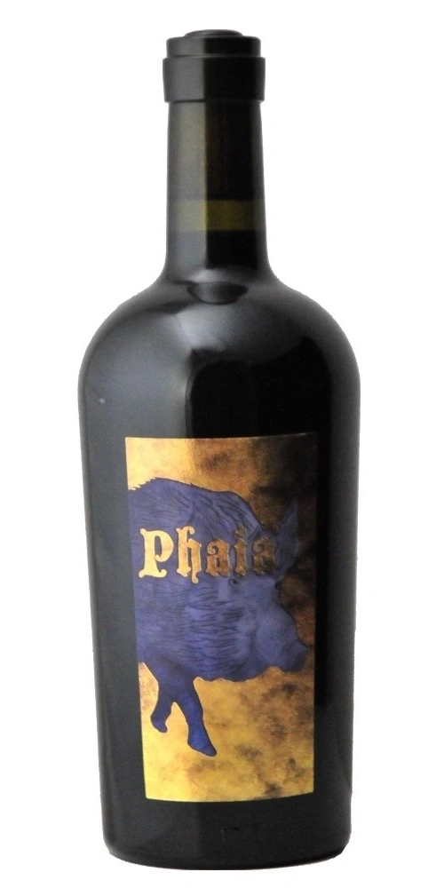 Eine schwarze Weinflasche mit einem Etikett, das einen blauen Eber zeigt.
