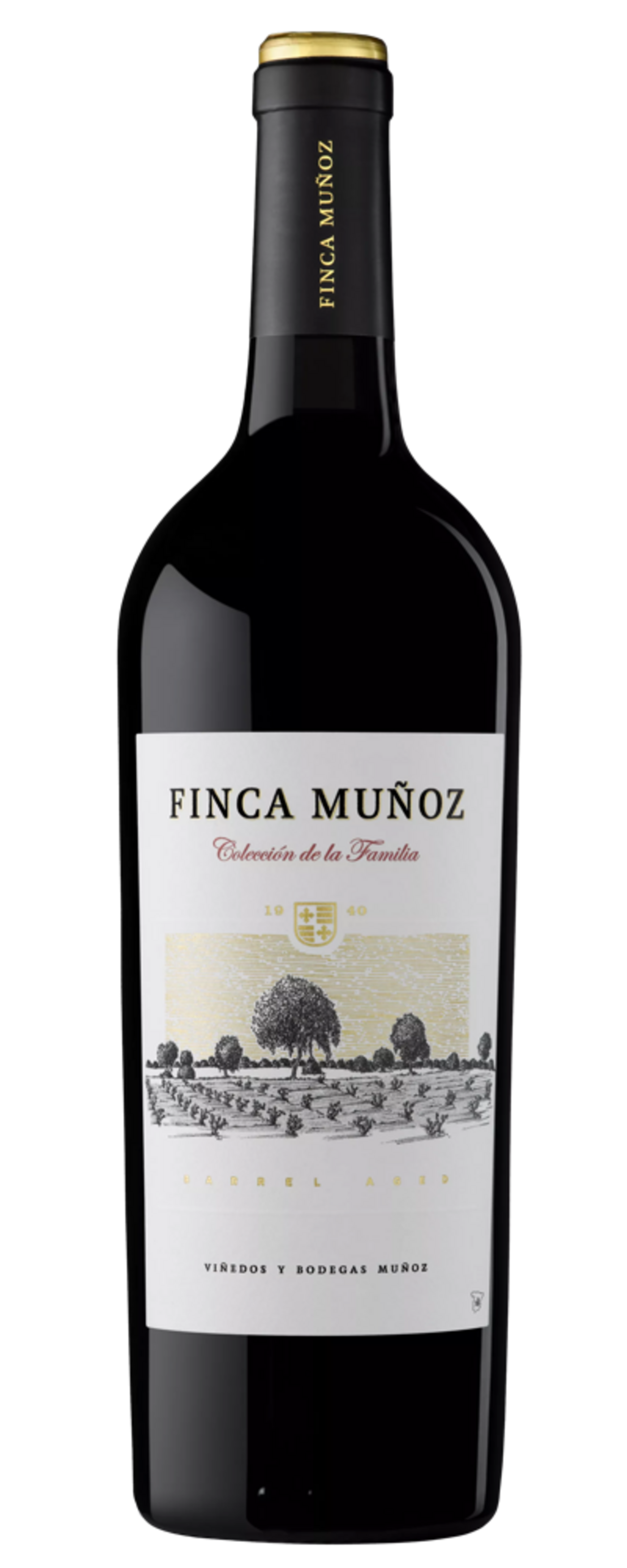 Wein-Flasche mit Etikett 'FINCA MUÑOZ' und Landschaftszeichnung, dunkelrot