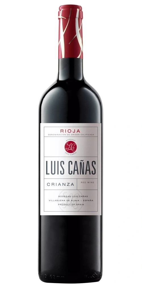 Eine Flasche Luis Cañas Rioja Crianza Rotwein mit rotem Kapsel-Design.