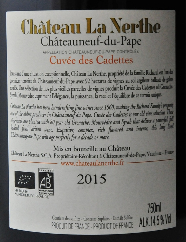 Châteauneuf du Pape Cuvée des Cadettes Rouge 2015 La Nerthe