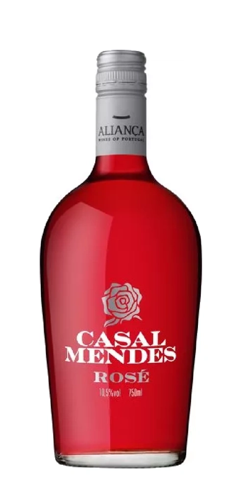 Casal Mendes Rosé Weinflasche mit silbernem Etikett und rotem Inhalt.