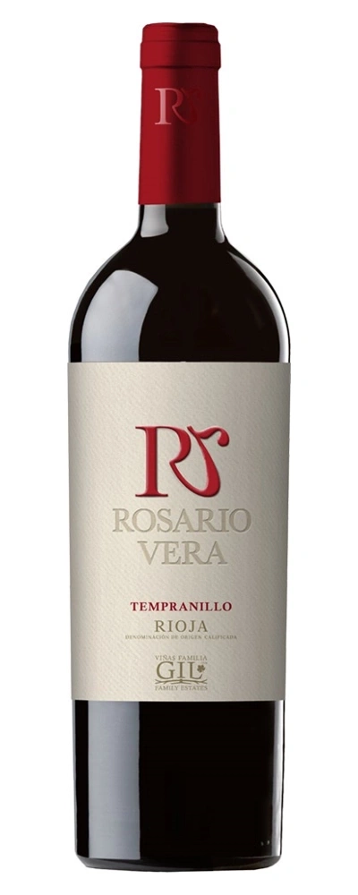 Wein-Flasche Rosario Vera Tempranillo Rioja, rot, Etikett, Detailaufnahme, isoliert