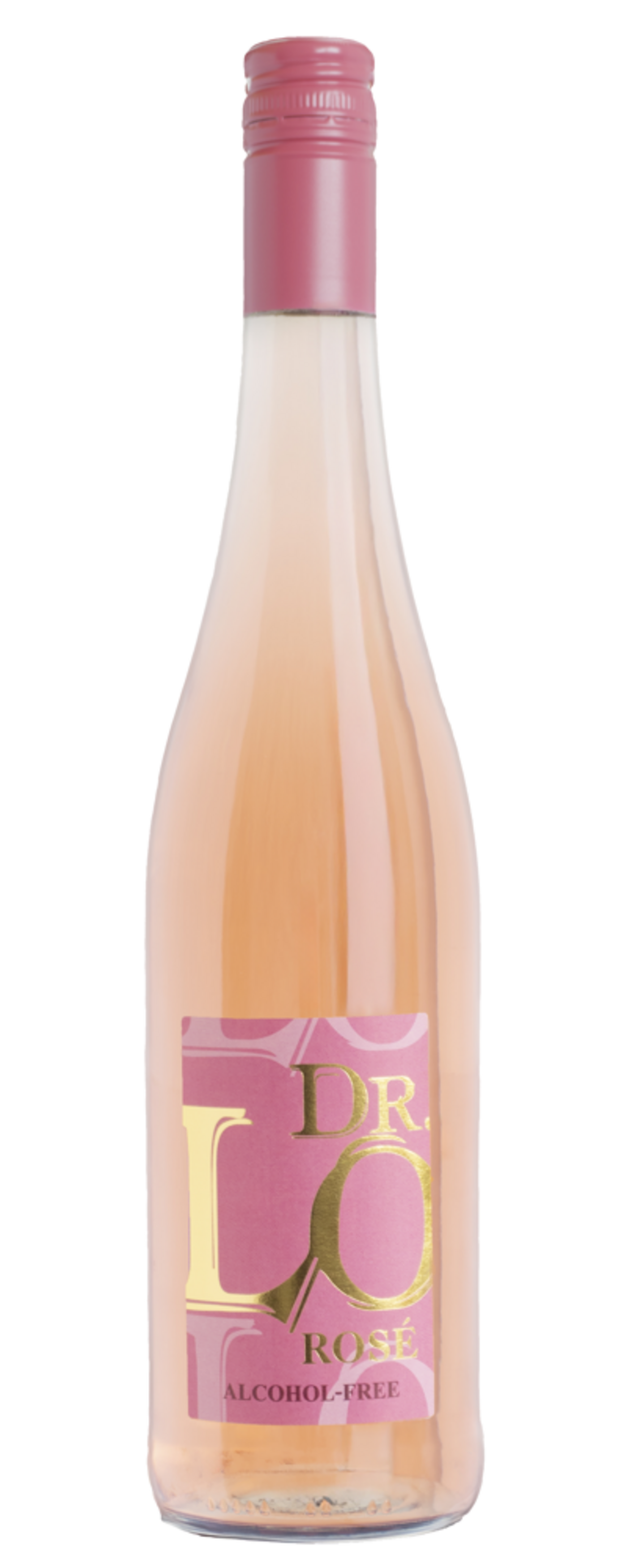 Eine Flasche alkoholfreien Roséweins mit rosa Kappe und Etikett.