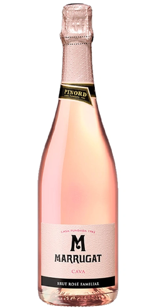 Eine Flasche Rosé Cava von Marrugat mit der Aufschrift "Pinord".