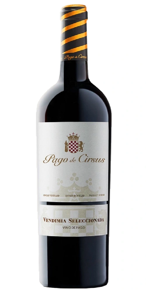 Eine Flasche Rotwein der Marke Pago de Cirsus mit Etikett und schwarzem Verschluss mit orangefarbenen Streifen.