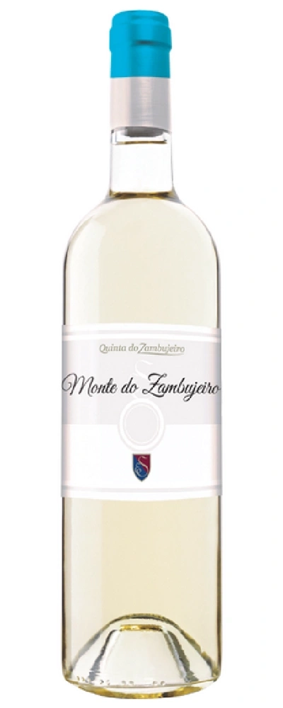 Eine Flasche Weißwein mit blauem und silbernem Verschluss und einem Etikett mit dem Namen Monte do Zambujeiro.