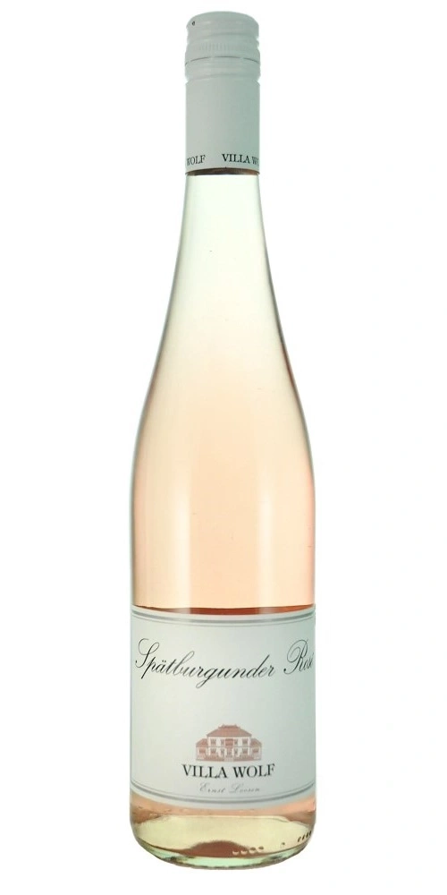 Eine Flasche Villa Wolf Spätburgunder Rosé Wein mit weißem Etikett