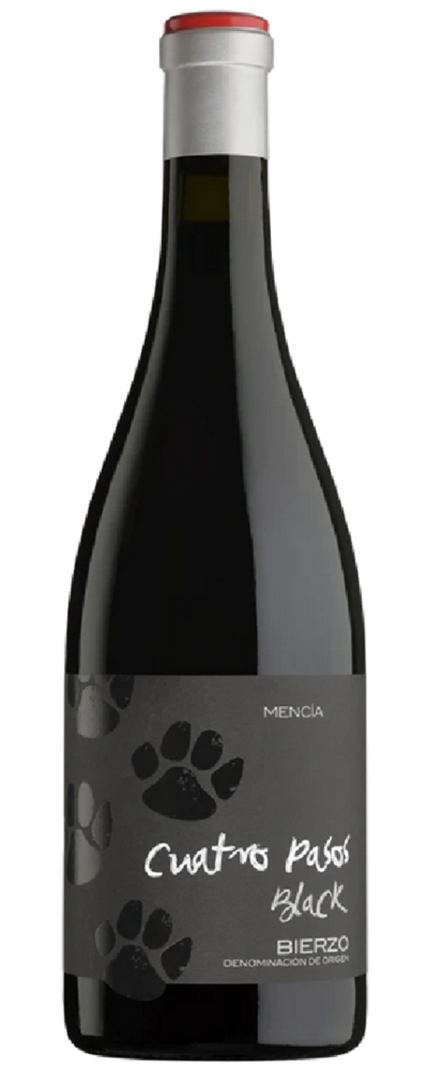 Wein-Flasche mit schwarzem Etikett, Pfotenabdrücke, 'Cuatro Pasos Black', Mencía, Bierzo.