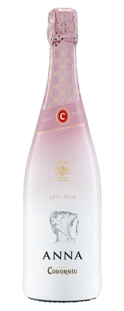 Eine Flasche Anna de Codorníu Brut Rosé Sekt mit rosa und weißem Etikett.