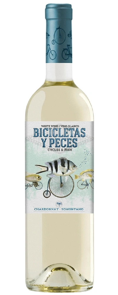 Eine Flasche Weißwein mit dem Etikett 'Bicicletas y Peces' und Fahrrädern und Fischen.