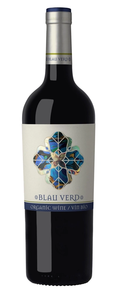 Eine Flasche Rotwein mit dem Etikett BLAU VERD ORGANIC WINE