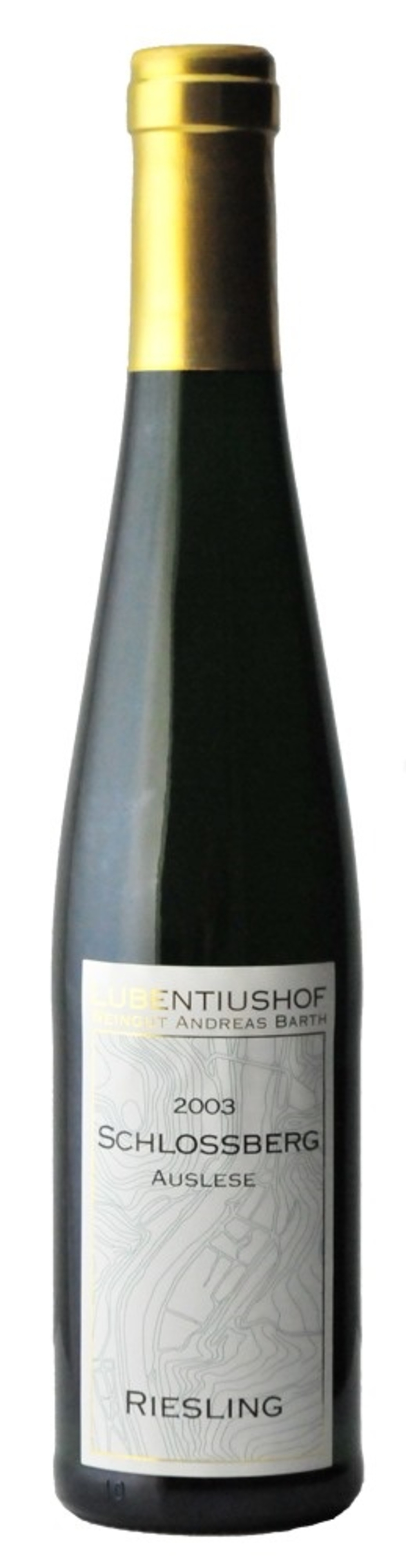 Weinflasche mit goldenem Verschluss, Etikett mit Aufschrift Riesling, Schlossberg, 2003