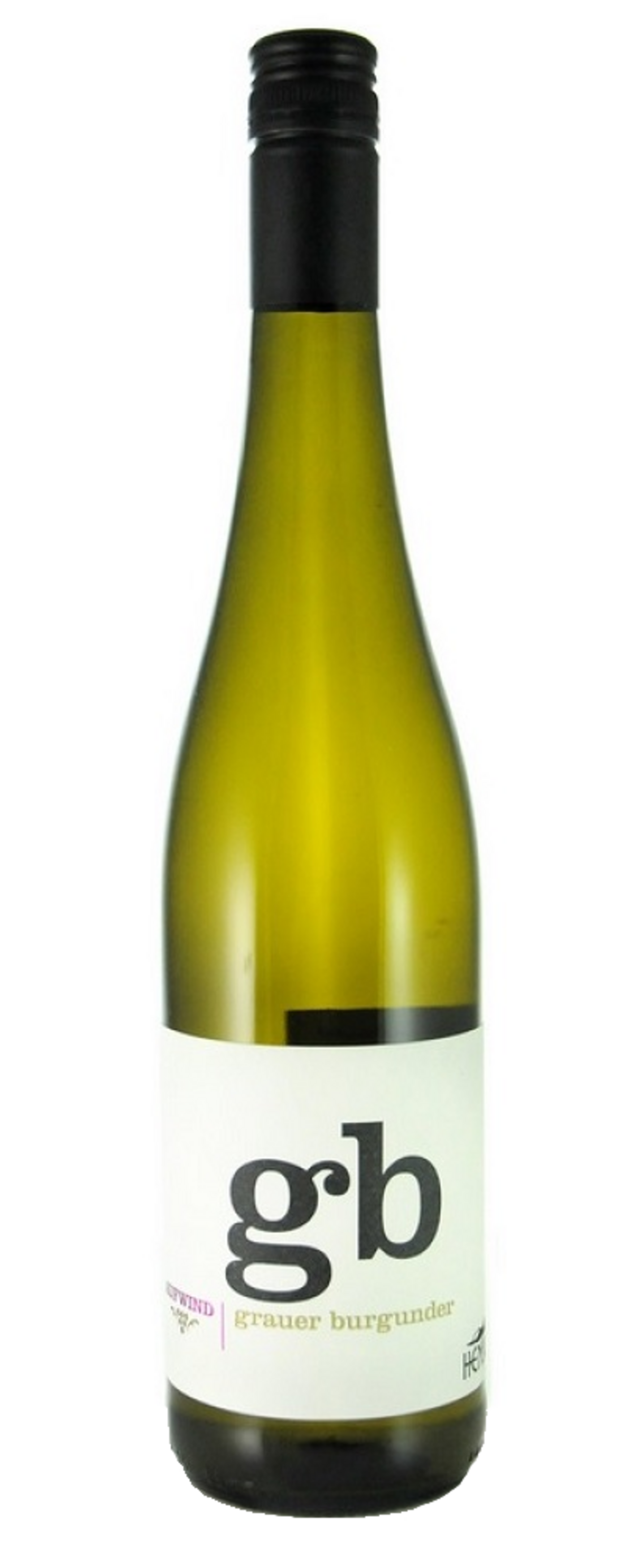 Weinflasche mit schwarzem Verschluss und weißem Etikett mit Aufschrift 'gb grauer burgunder'