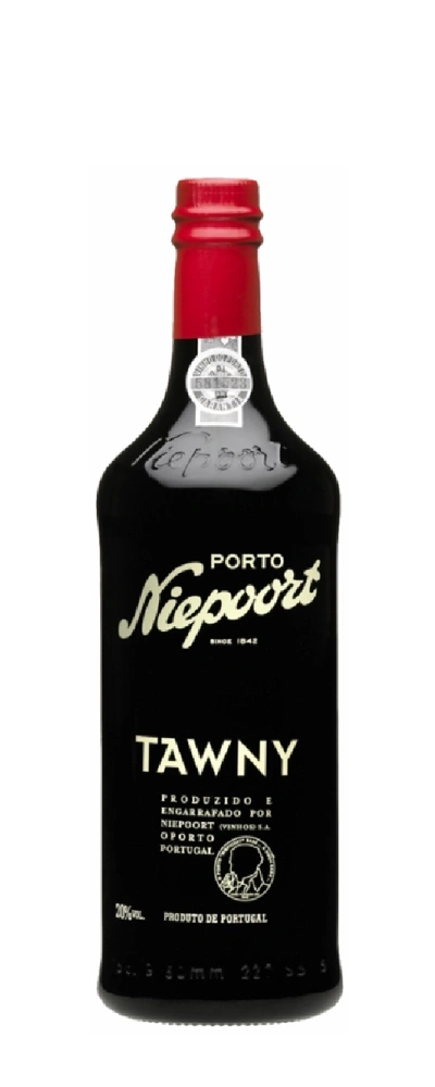 Eine Flasche Niepoort Tawny Portwein mit rotem Verschluss und silbernem Etikett.