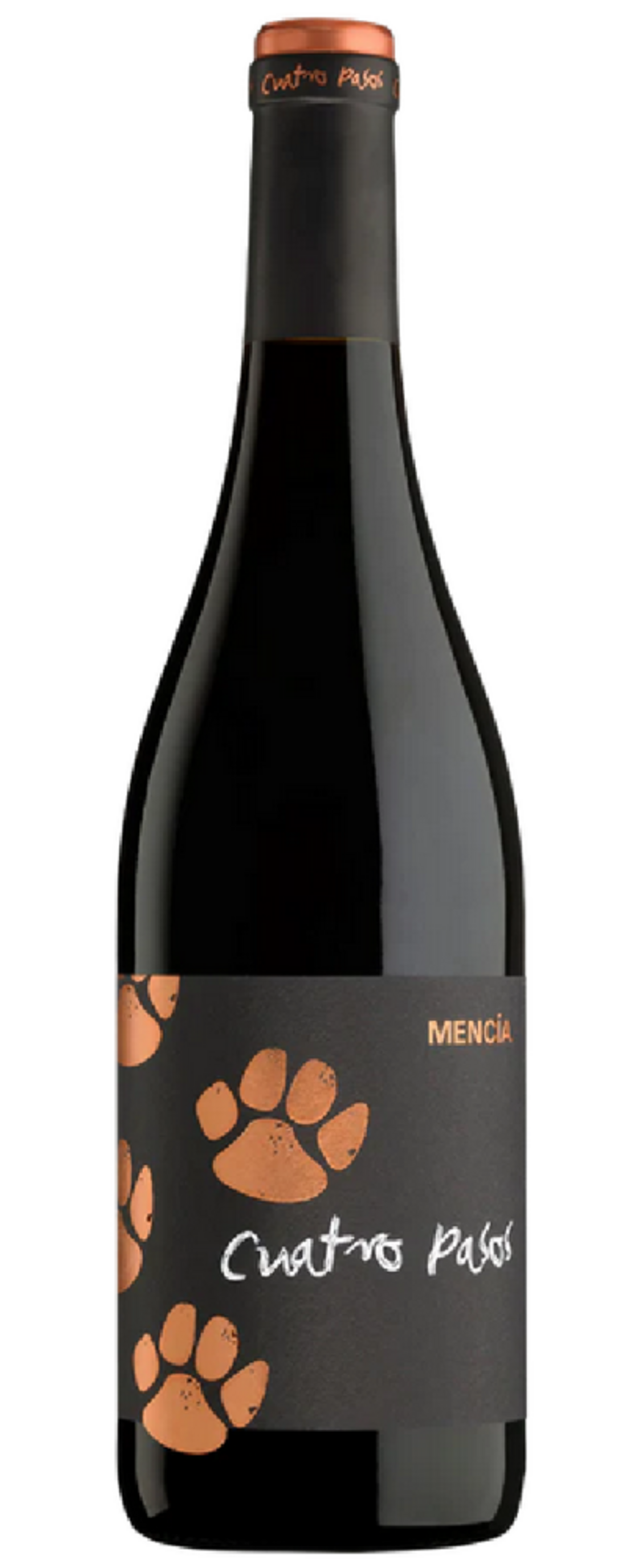 Wein-Flasche mit Pfoten-Design und dem Schriftzug 'Cuatro Pasos' und 'Mencía'.