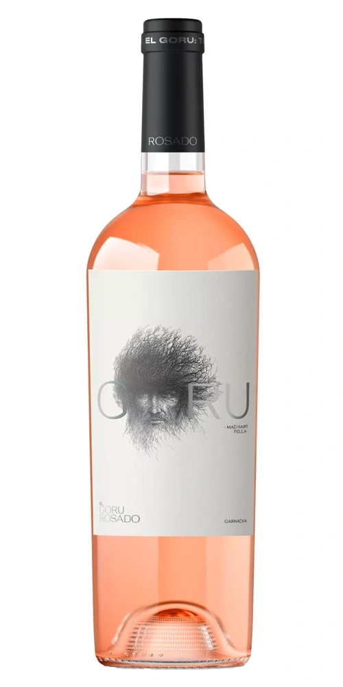 Eine Flasche Rosado Wein mit einem Kopf mit Baumwurzeln darauf.