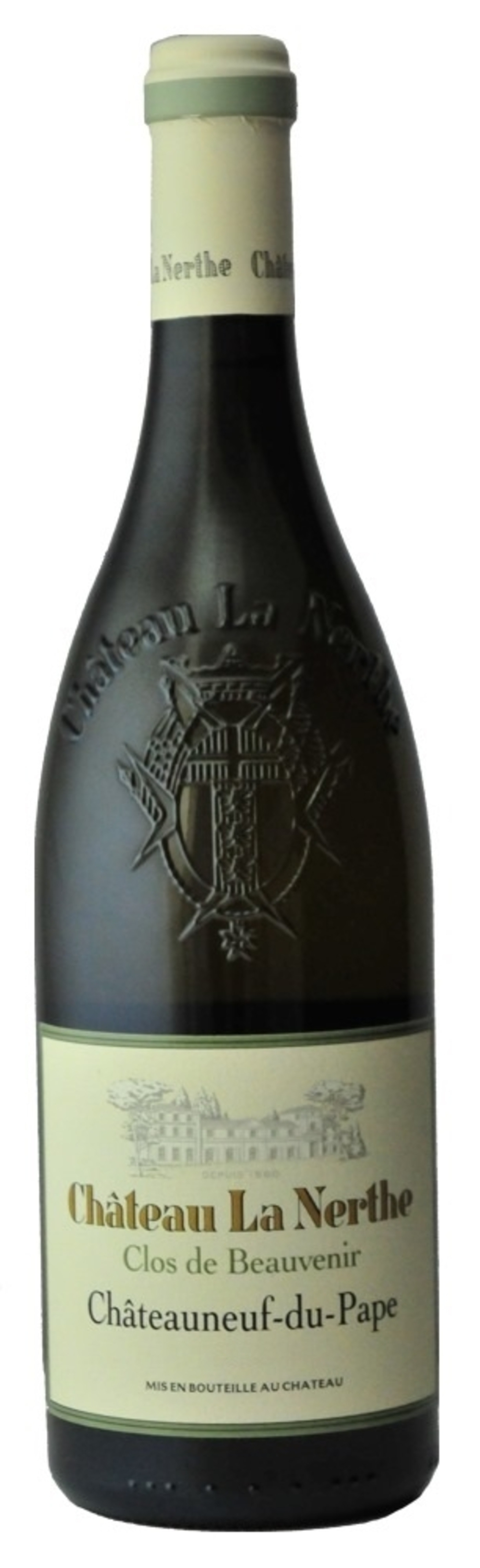Wein-Flasche mit dem Etikett Château La Nerthe, Châteauneuf-du-Pape, Clos de Beauvenir.
