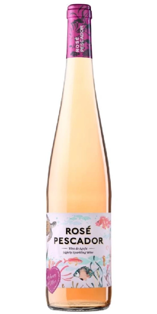 Eine Flasche leichter Rosé-Schaumwein mit Meerestieren auf dem Etikett.