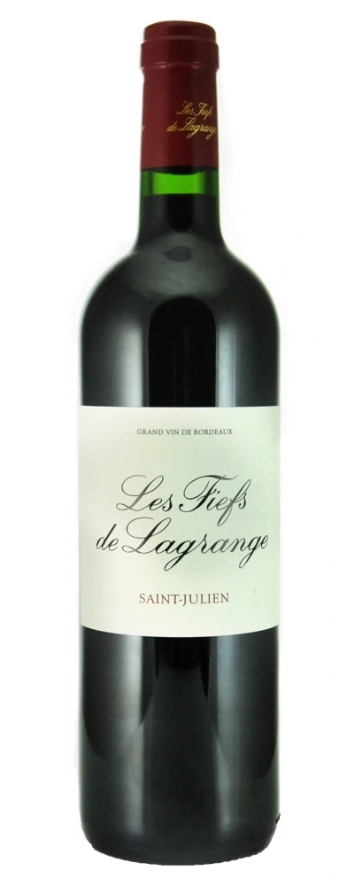 Eine Flasche Rotwein mit dem Etikett Les fiefs de Lagrange