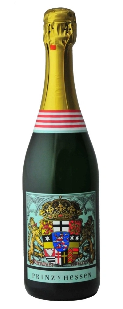 Eine Flasche Sekt mit goldenem Verschluss und Etikett mit Wappen.