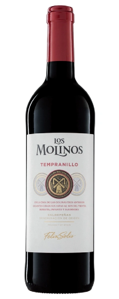 Eine Flasche Rotwein mit dem Etikett Los Molinos Tempranillo