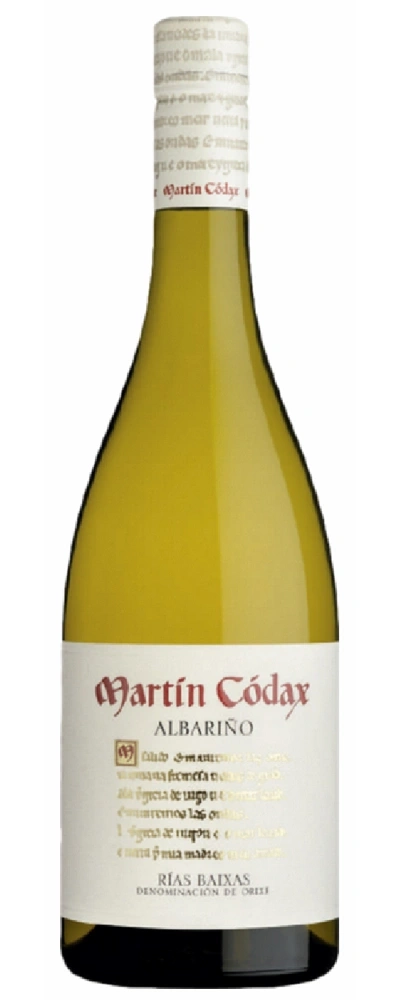 Eine Flasche Martin Códax Albariño Wein mit einem weißen Etikett und rotem Schriftzug.
