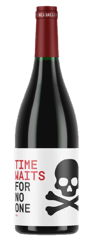 Flasche Rotwein mit Totenkopf-Symbol und der Aufschrift "Time Waits For No One".