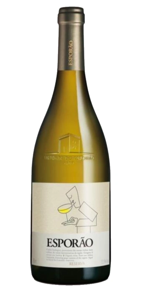 Eine weiße Wein-Flasche mit Etikett 'ESPORÃO RESERVA' mit Illustration einer Person
