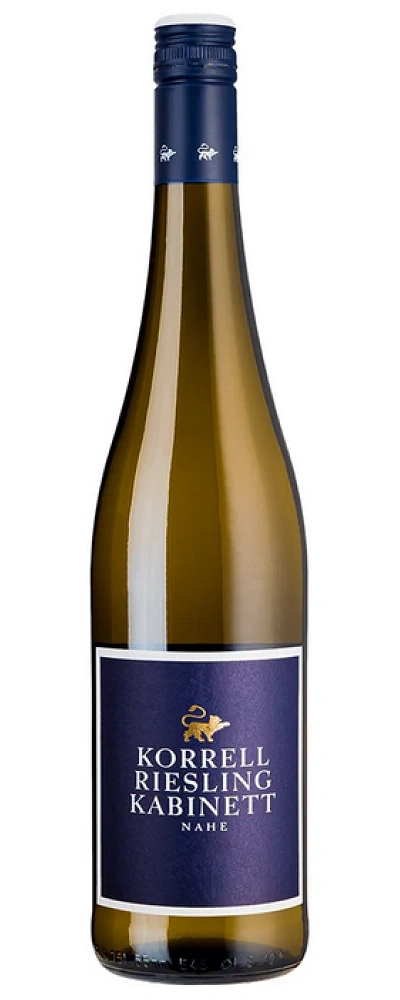 Weinflasche mit blauem Etikett und goldener Schrift, Korrell Riesling Kabinett